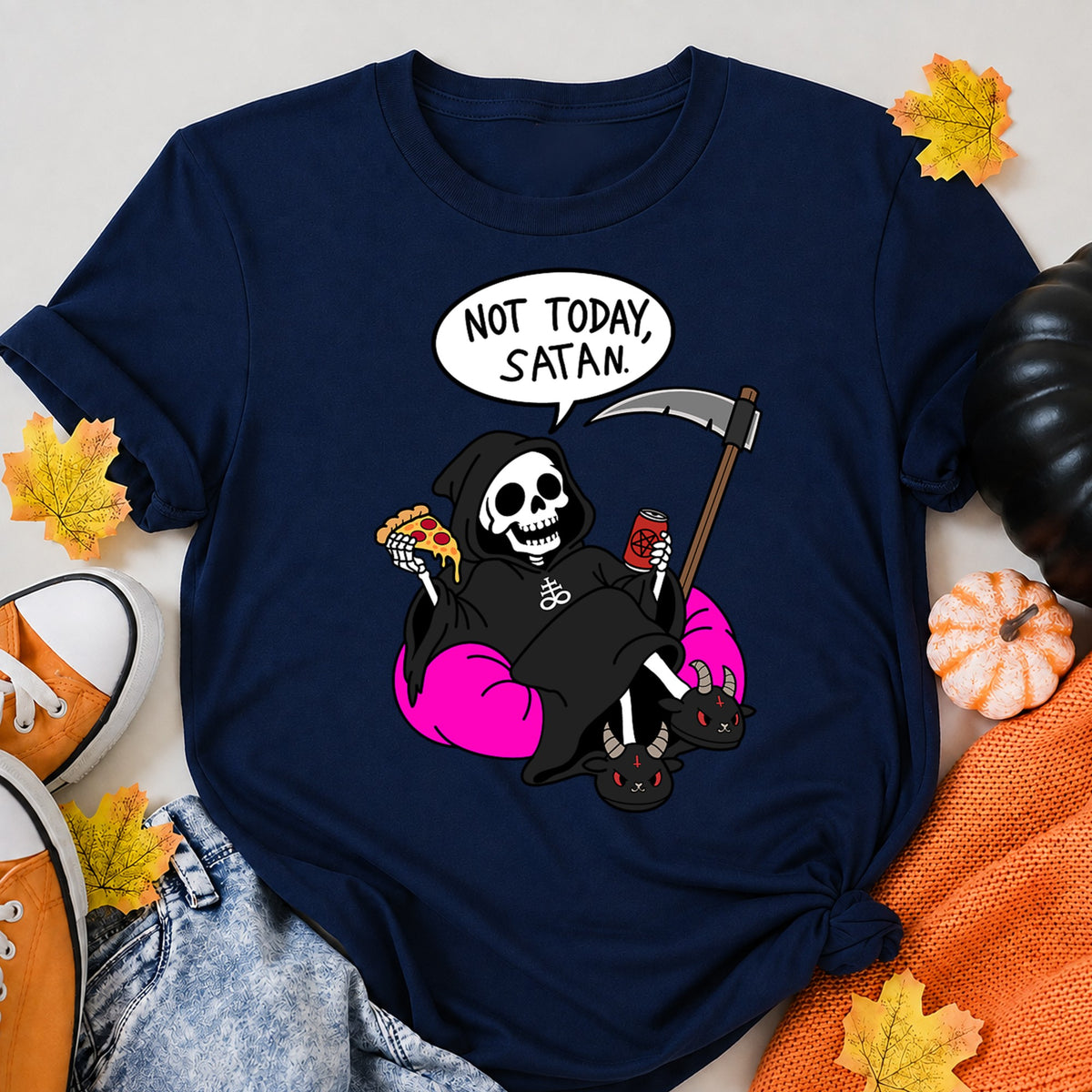 Grim Reaper - Not Today Satan Halloween Shirt in Navy – alternate view