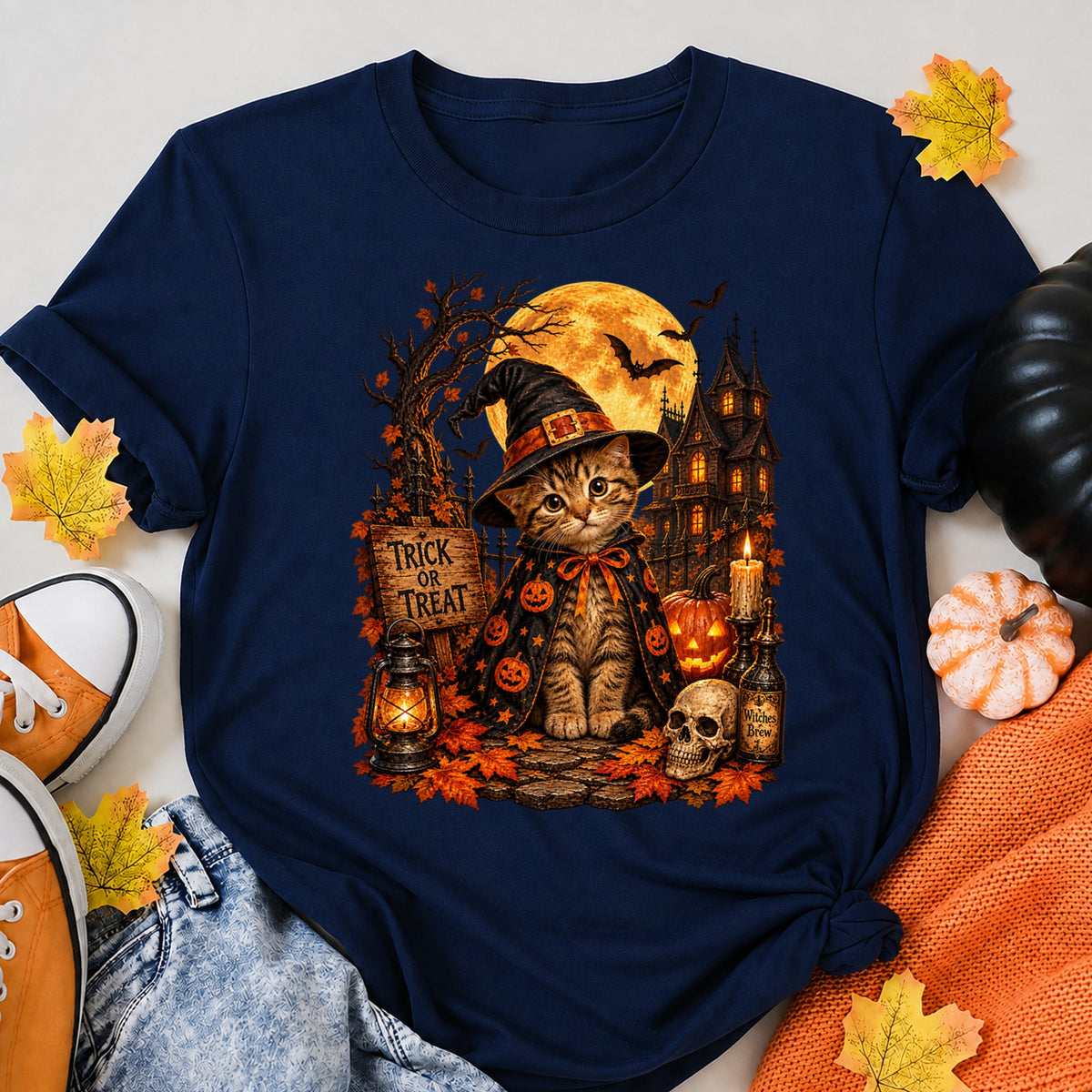 Halloween Cat Funny Halloween Cat Black Halloween Shirt in Navy – alternate view