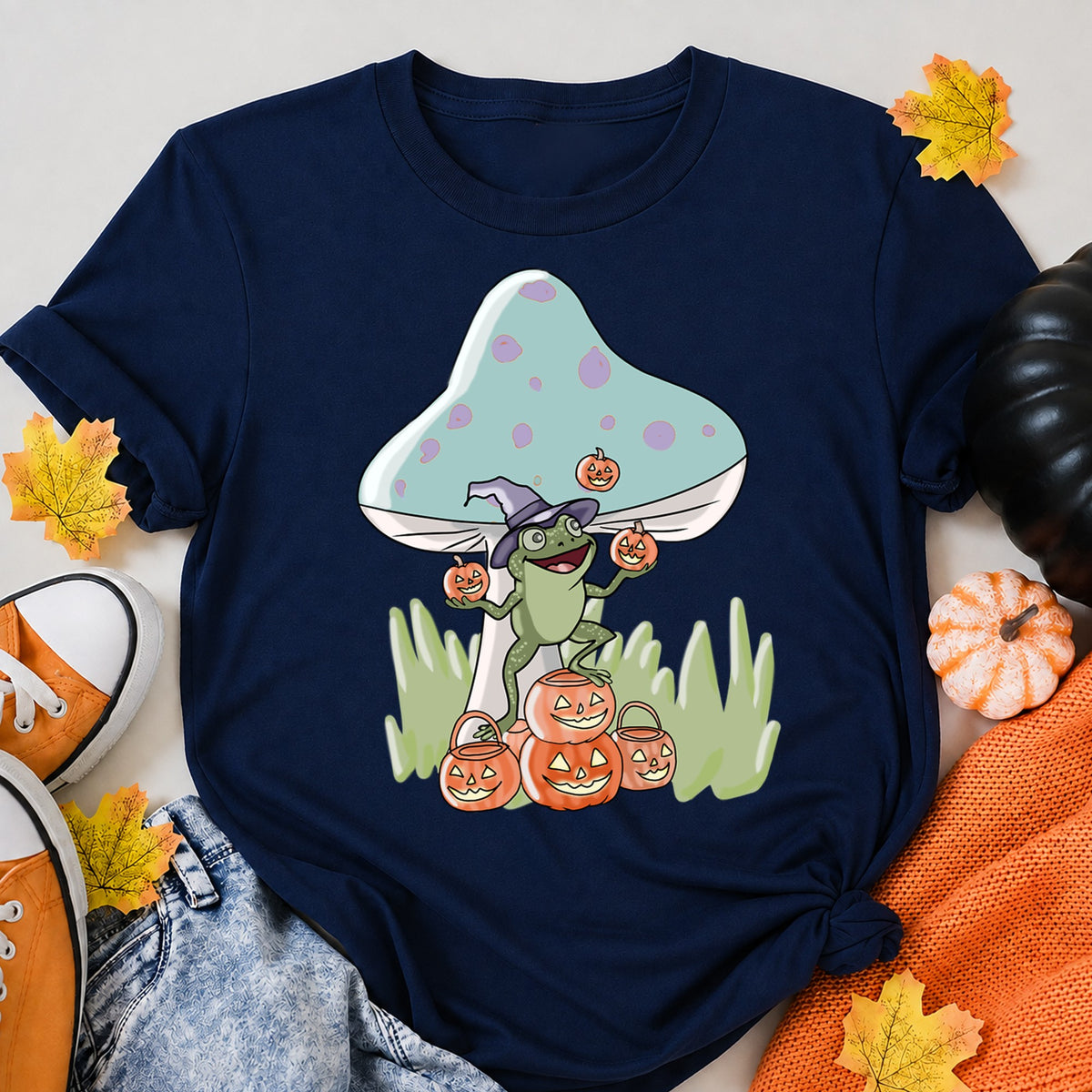 Halloween Frog With Mushroom Pumpkin Halloween Shirt in Navy – alternate view
