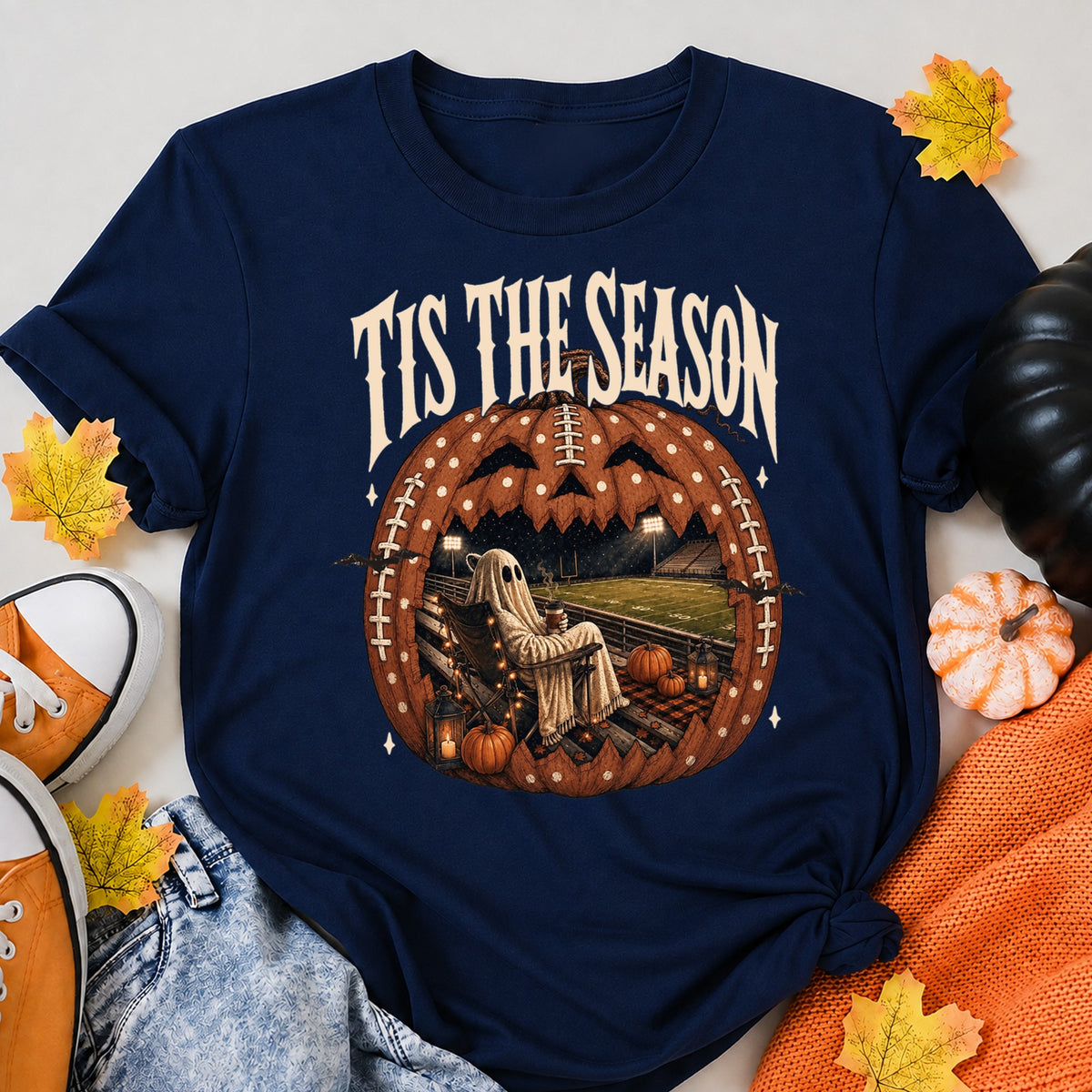 Halloween Ghost Football Stadium Scene Halloween Shirt in Navy – alternate view
