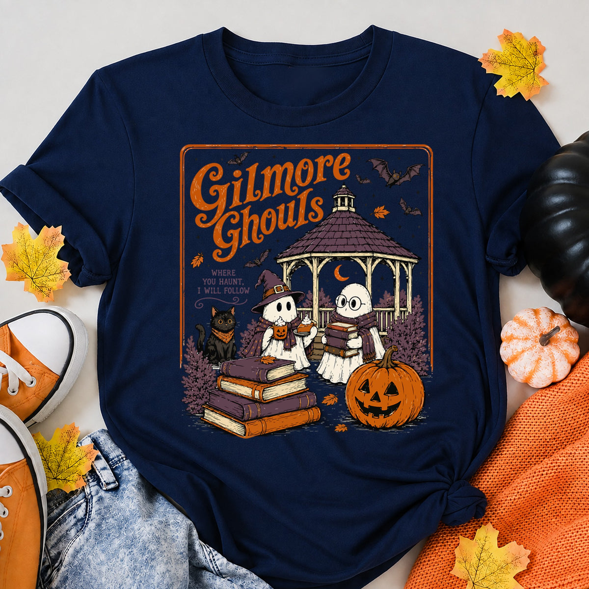 Halloween Ghosts Vintage Halloween Illustration Halloween Shirt in Navy – alternate view