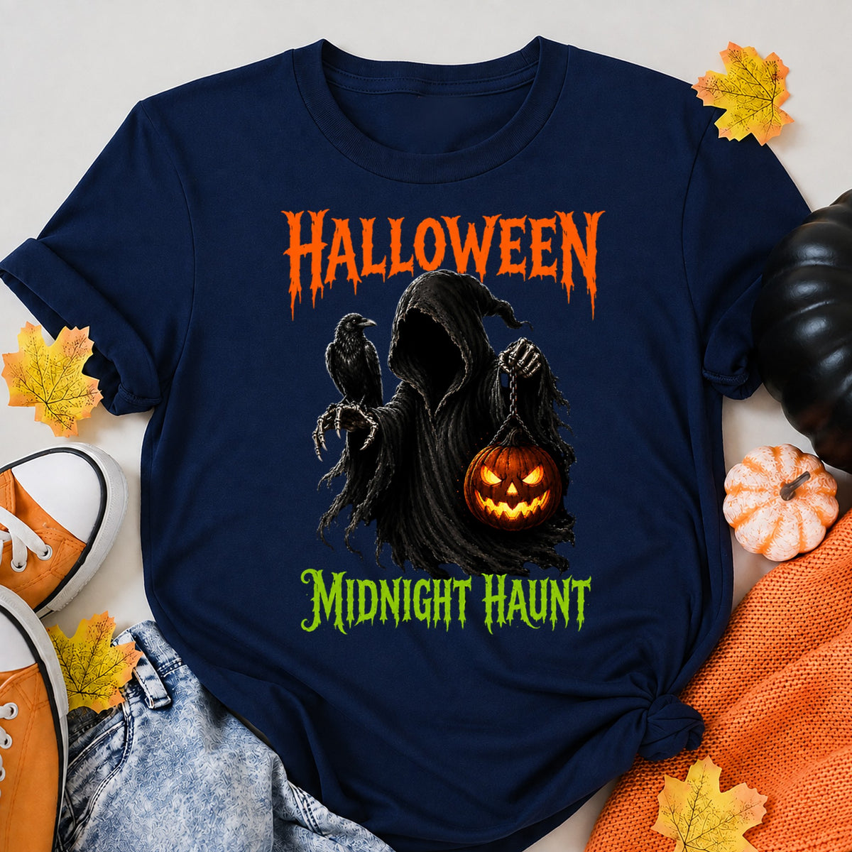 Halloween Midnight Haunt Halloween Shirt in Navy – alternate view