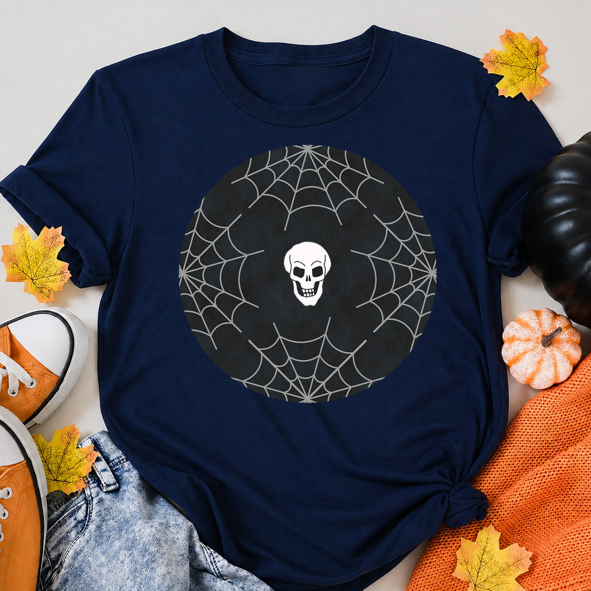 Halloween Pattern Design With Skulls And Spider Webs Halloween Shirt in Navy – alternate view