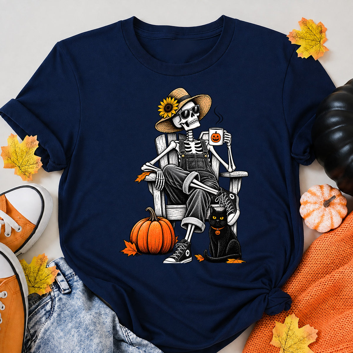 Halloween Skeleton - Cozy Fall Pumpkin Black Cat Coffee Design Halloween Shirt in Navy – alternate view