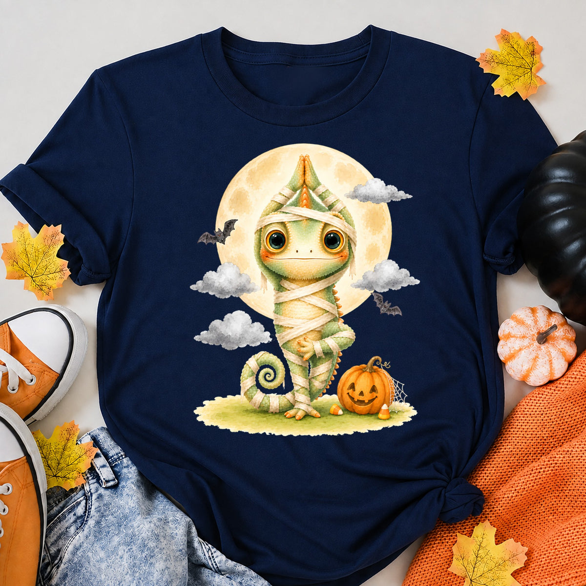 Halloween Tree Pose Mummy Chameleon Halloween Shirt in Navy – alternate view