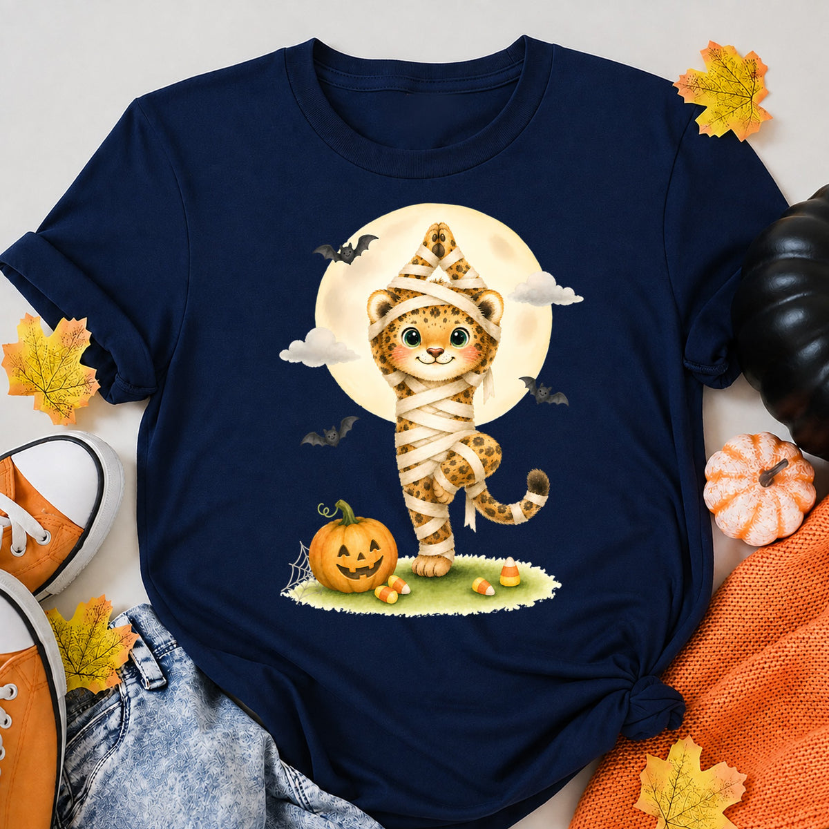 Halloween Tree Pose Mummy Jaguar Halloween Shirt in Navy – alternate view
