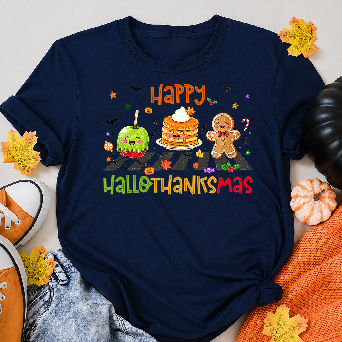 Happy Hallothanksmas An Apple Pancakes And Gingerbread Cookie Across The Christmas T-Shirt - product view 8
