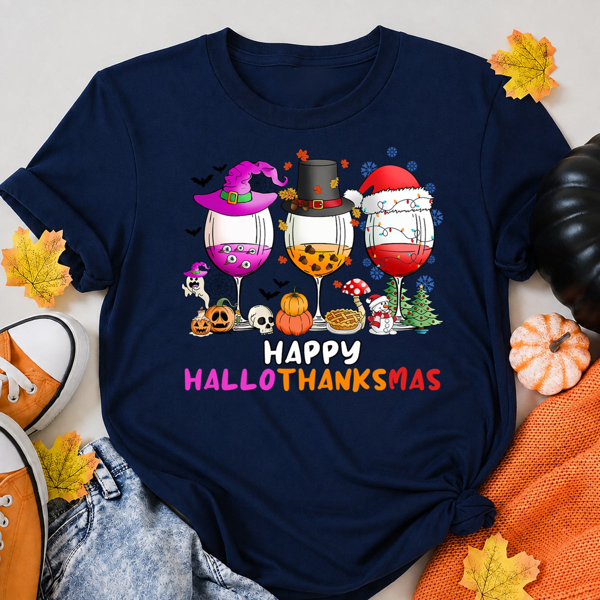 Happy Hallothanksmas Wine Lover Christmas T-Shirt - product view 8