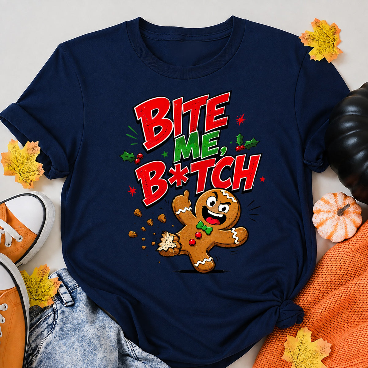 Inappropriate Christmas Bite Me Btch Gingerbread Cookie Christmas Funny Holiday T-Shirt - product view 8