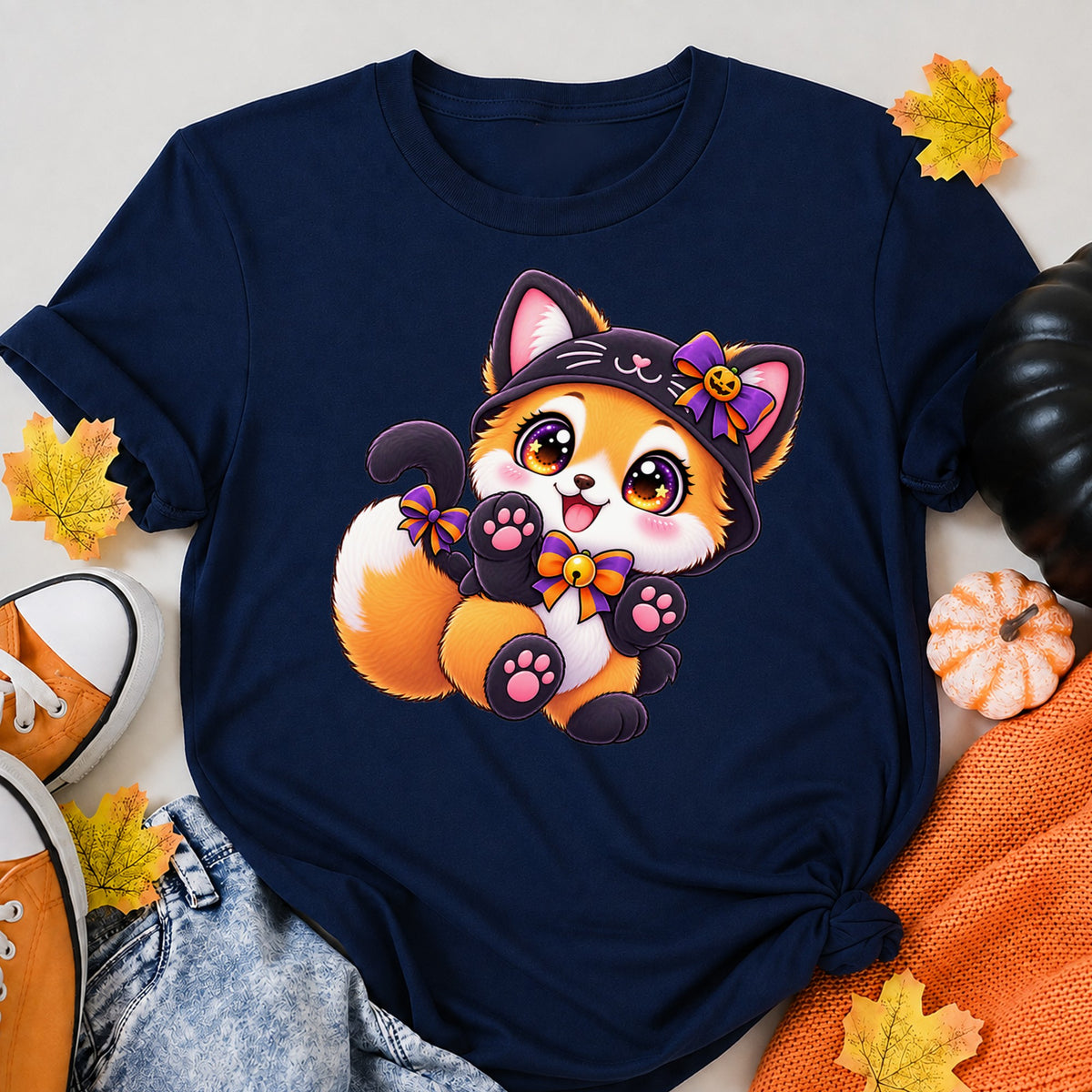 Kawaii Fox Black Cat Costume Art Cute Chibi Halloween Print Halloween Shirt in Navy – alternate view