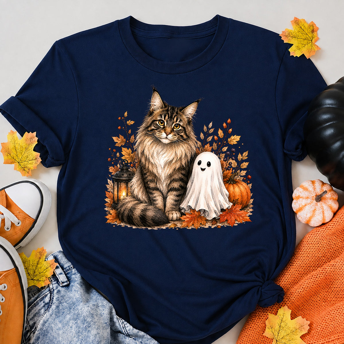 Maine Coon And A Tiny Friendly Ghost Halloween Shirt in Navy – alternate view