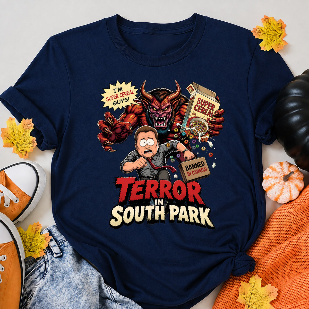 Manbearpig Horror Comic Halloween Shirt in Navy – alternate view