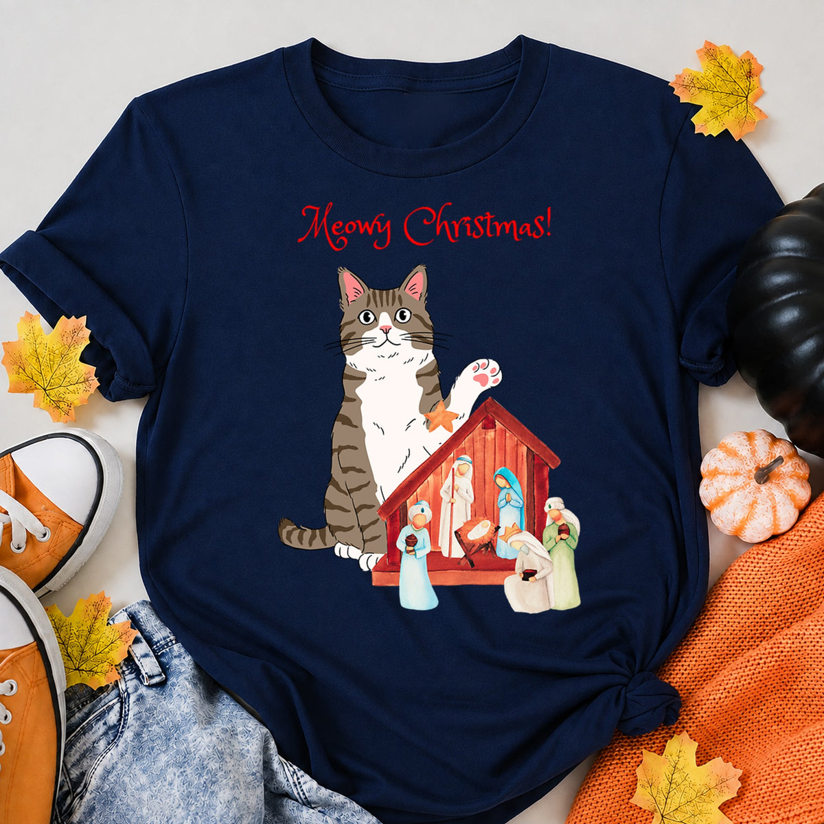 Meowy Christmas Brown Tabby Cat With Nativity Set T-Shirt - product view 8