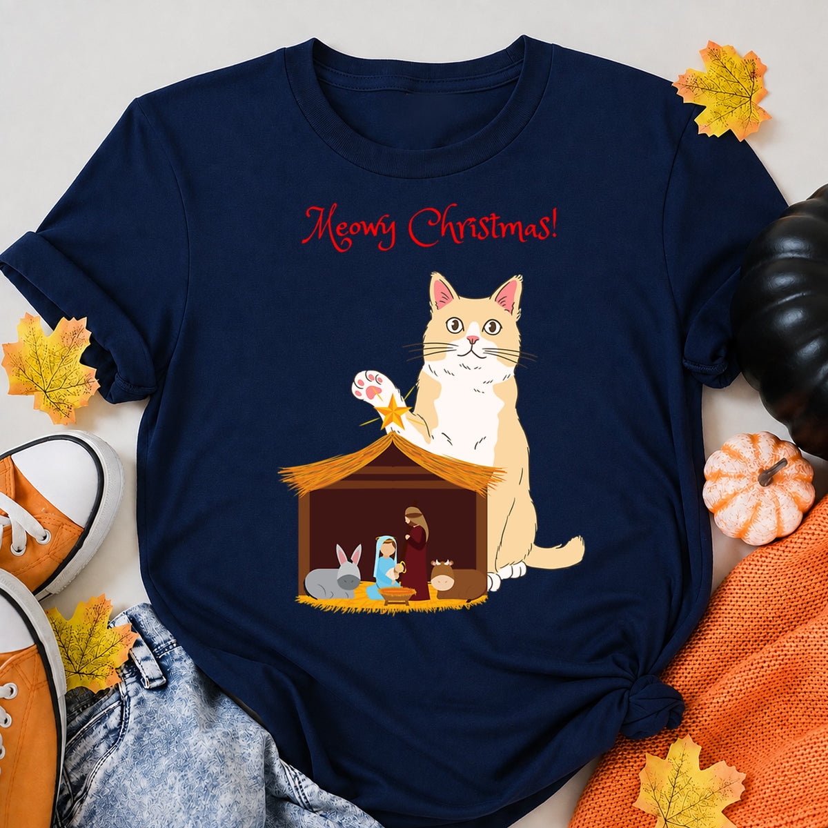Meowy Christmas Orange Cat With Christian Nativity Set T-Shirt - product view 8