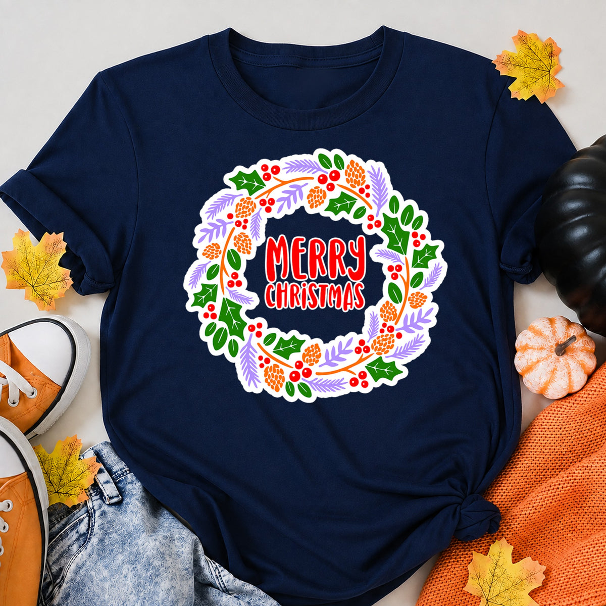 Merry Christmas Festive Holly Berry Wreath T-Shirt - product view 8
