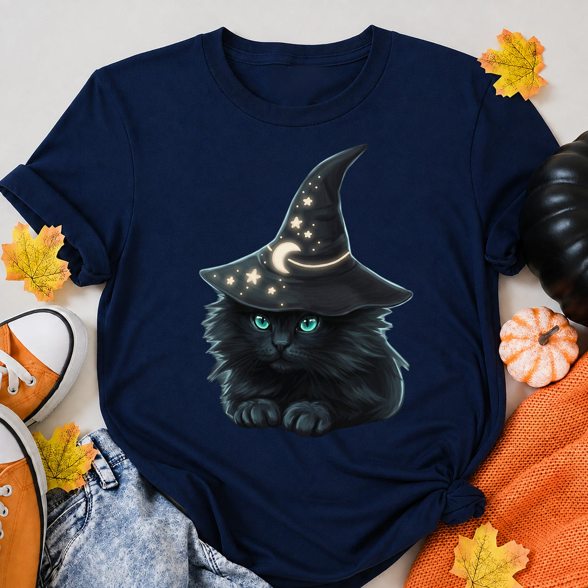 Moonlit Wizard Cat Halloween Shirt in Navy – alternate view