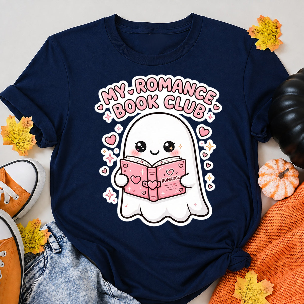 My Romance Book Club - Cute Ghost Reading Romance Book Hearts Halloween Shirt in Navy – alternate view