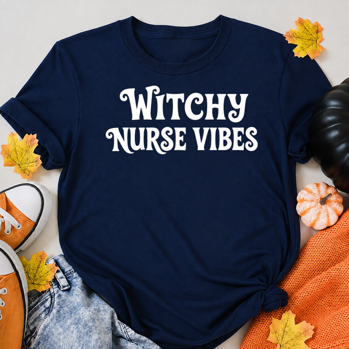 Nurse Halloween - Witchy Nurse Vibes - Minimalist Simple Subtle Design Halloween Shirt in Navy – alternate view