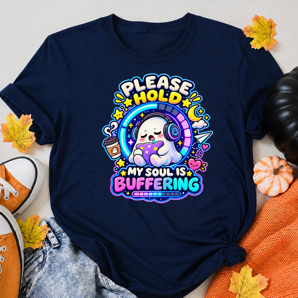 Please Hold My Soul Is Buffering Ghost Halloween Shirt in Navy – alternate view