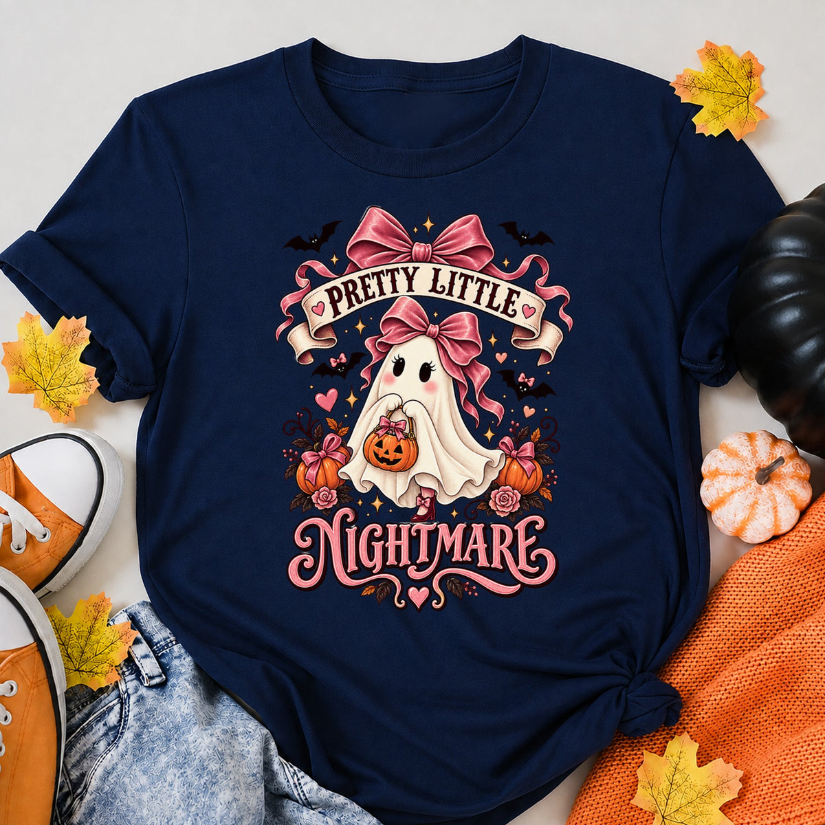Pretty Little Nightmare Cute Ghost Halloween Shirt in Navy – alternate view