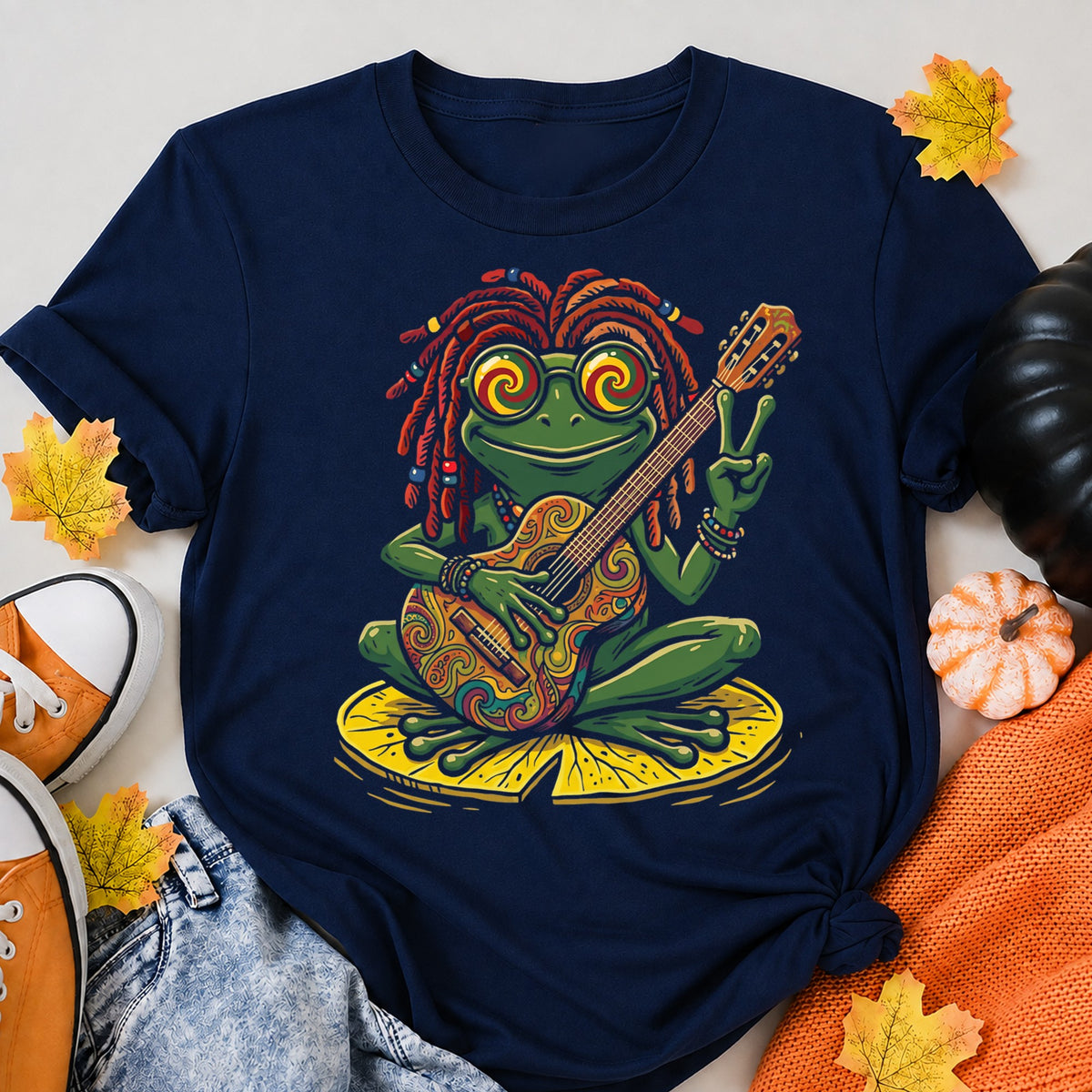 Psychedelic Frog Guitarist Halloween Vibe Halloween Shirt in Navy – alternate view