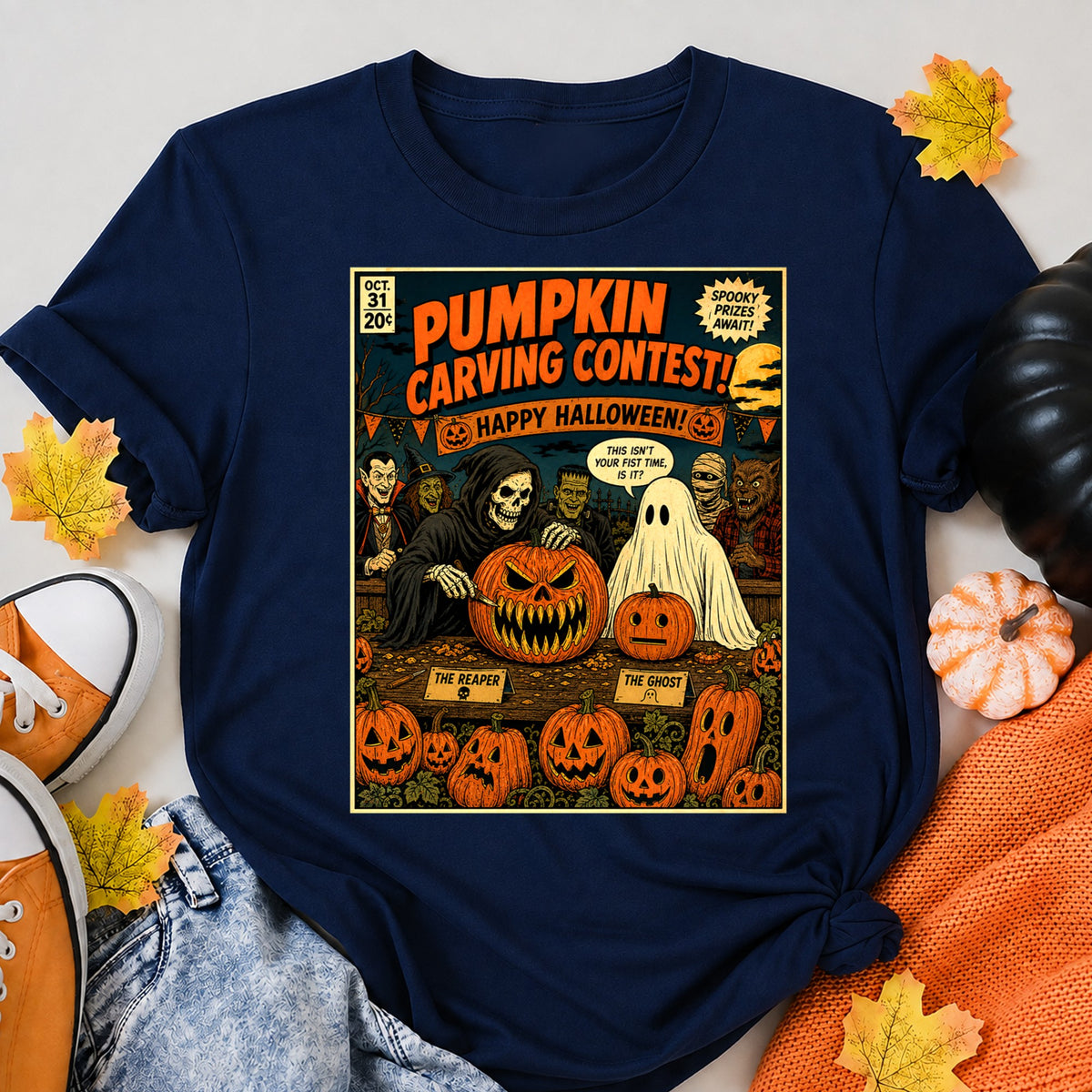 Pumkin Carving Contest Halloween Shirt in Navy – alternate view