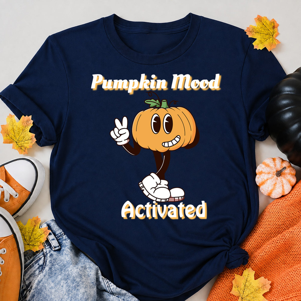 Pumpkin Mood Activated Funny Fall Shirt Halloween Shirt in Navy – alternate view