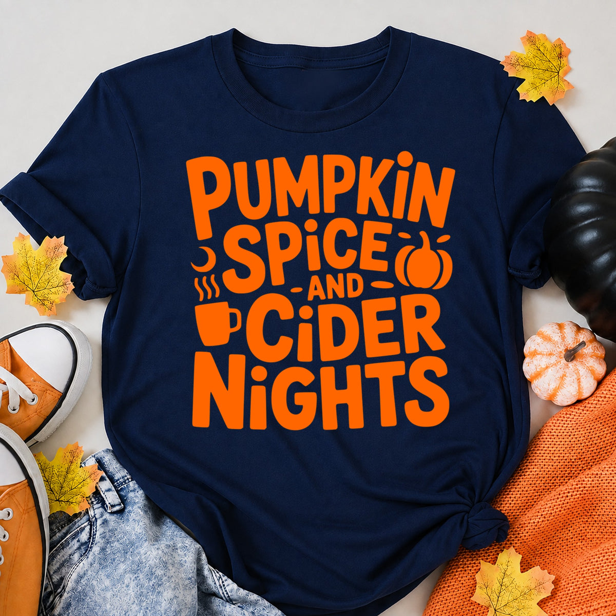 Pumpkin Spice And Cider Nights Halloween Shirt in Navy – alternate view