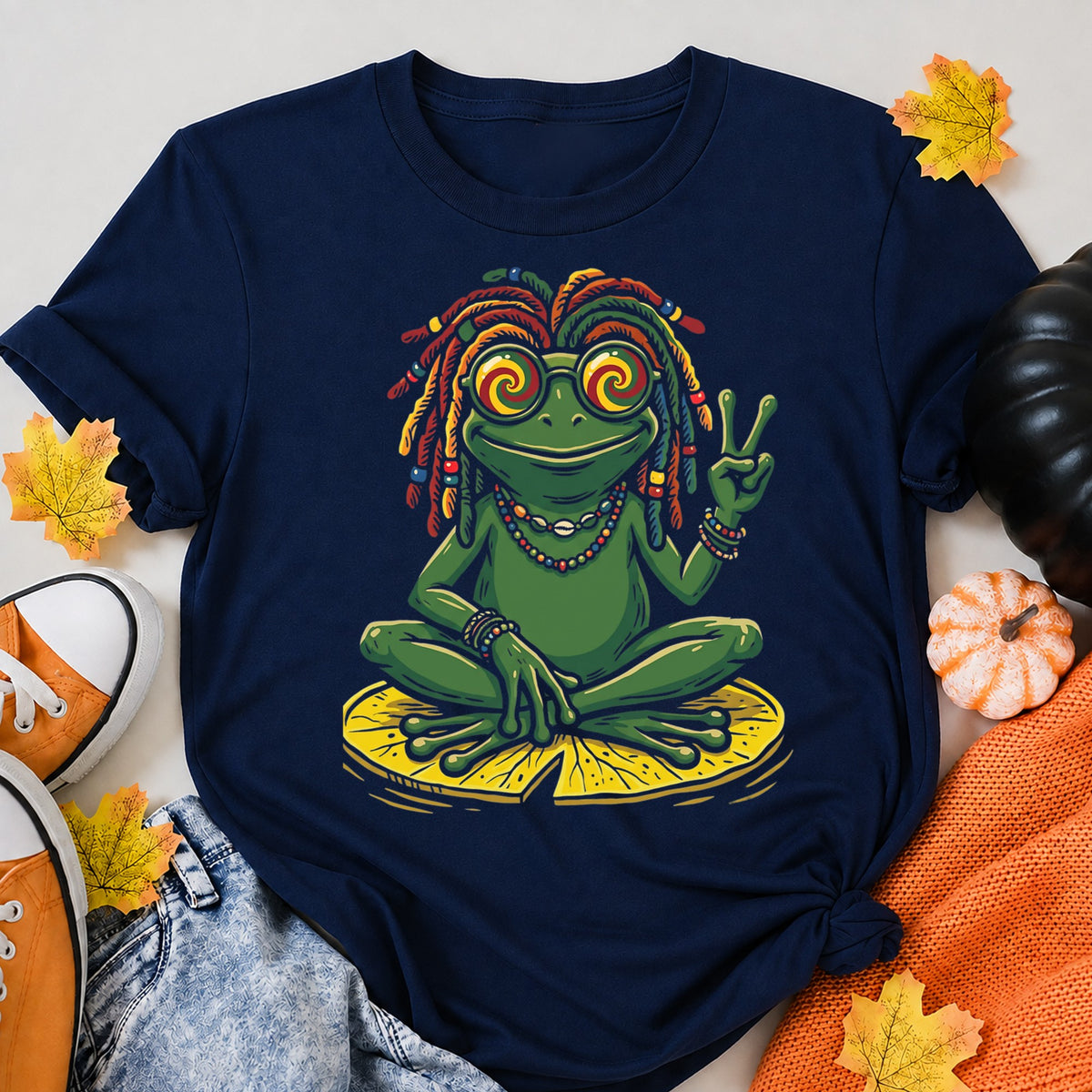 Rasta Frog Dreadlocks Peace Sign Halloween Shirt in Navy – alternate view
