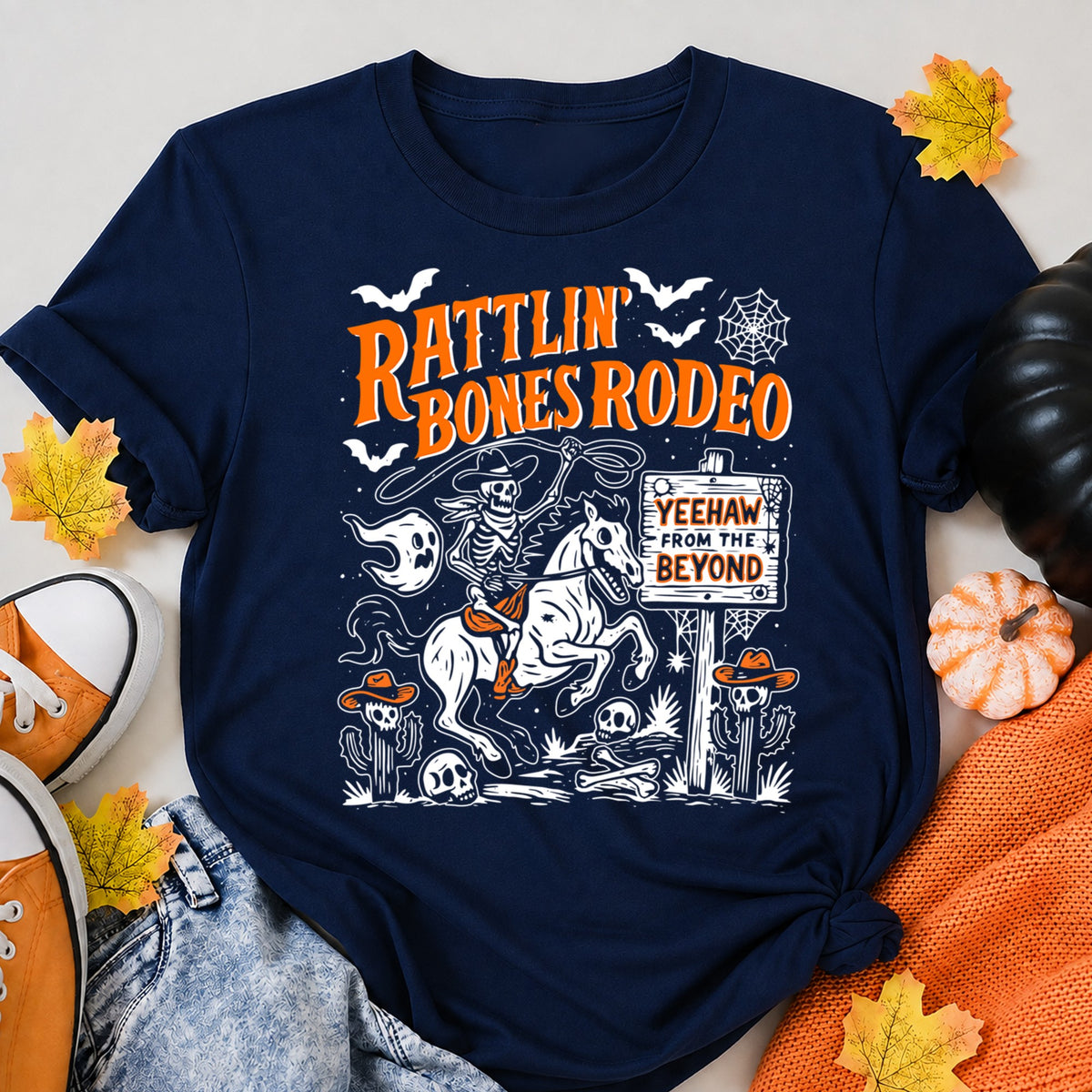 Rattlin' Bones Rodeo Halloween Shirt in Navy – alternate view