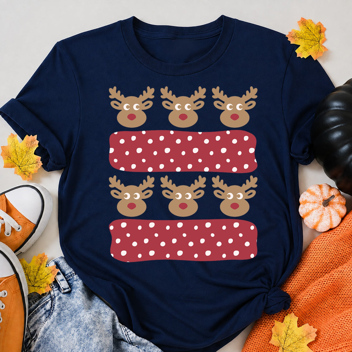 Reindeer Polka Dot Stripes Christmas T-Shirt - product view 8
