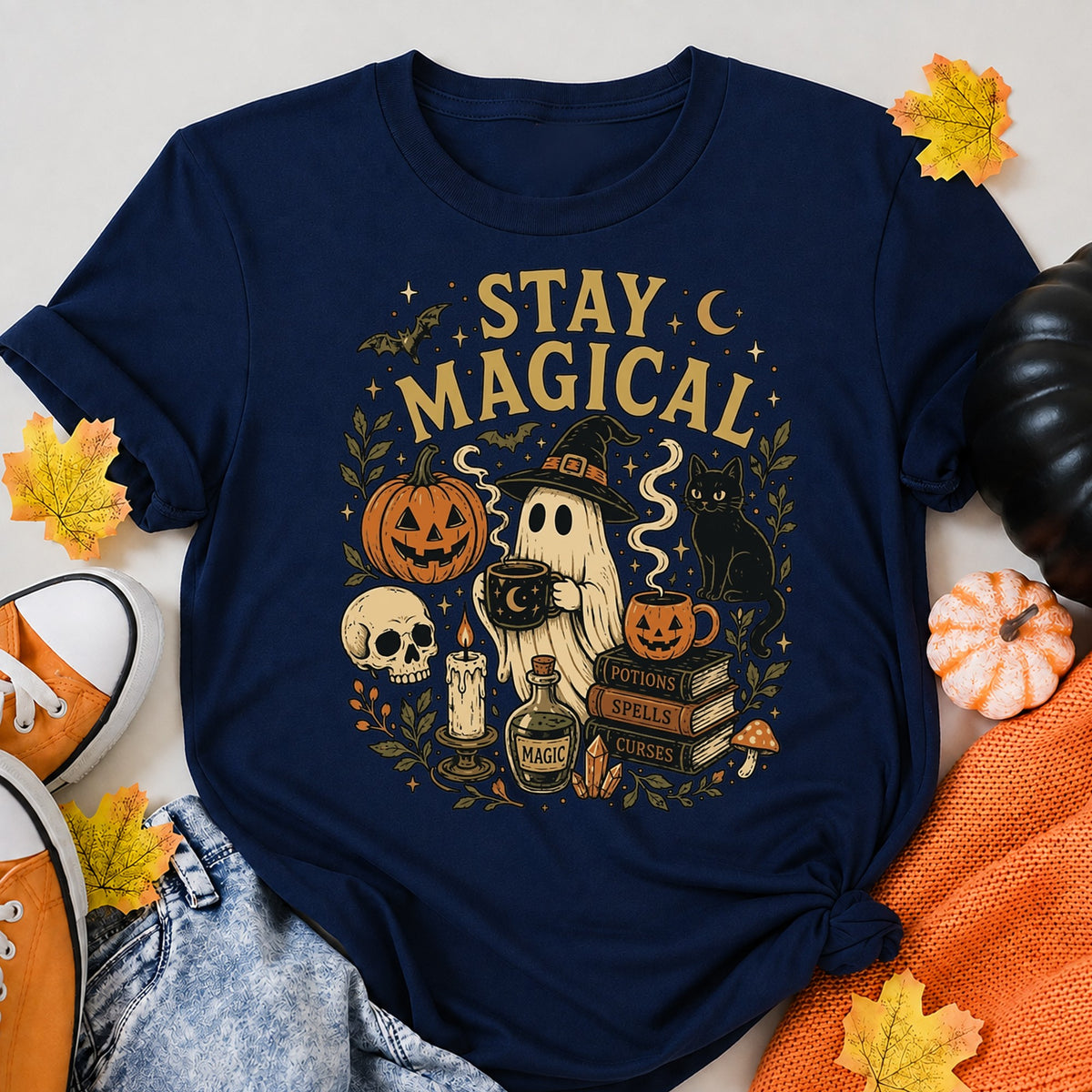 Retro Halloween Ghost Pumpkin Stay Magical Halloween Shirt in Navy – alternate view