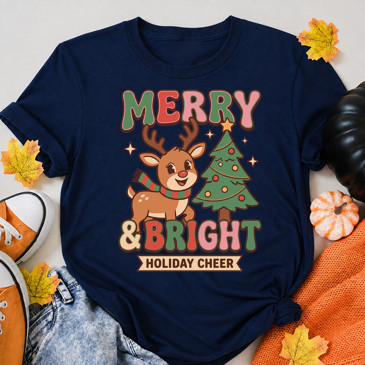 Retro Reindeer Merry Bright Holiday Christmas T-Shirt - product view 8