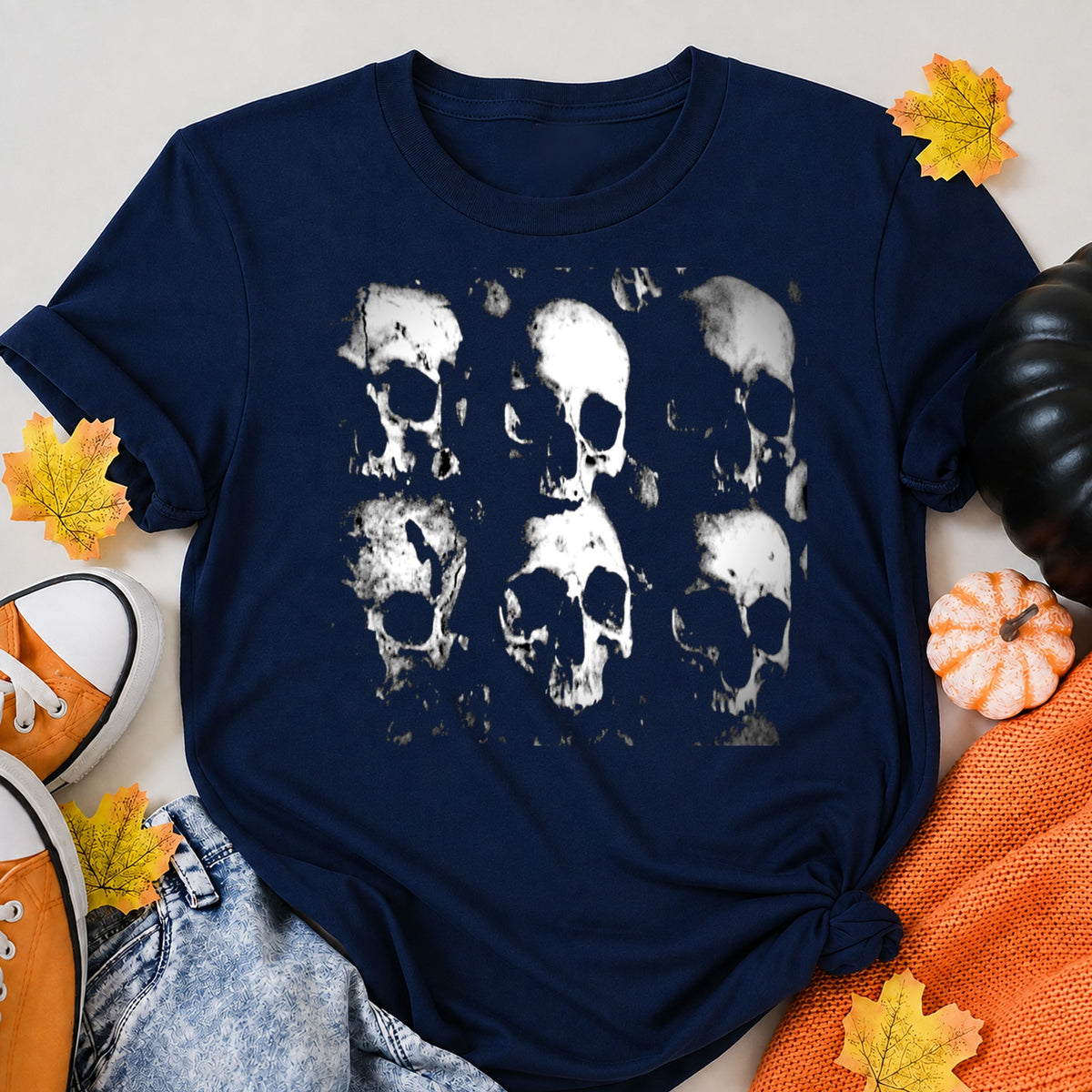 Skull Repeat Pattern Halloween Shirt in Navy – alternate view