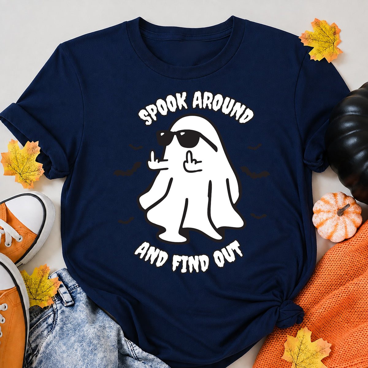 Spook Around And Find Out Halloween Shirt in Navy – alternate view