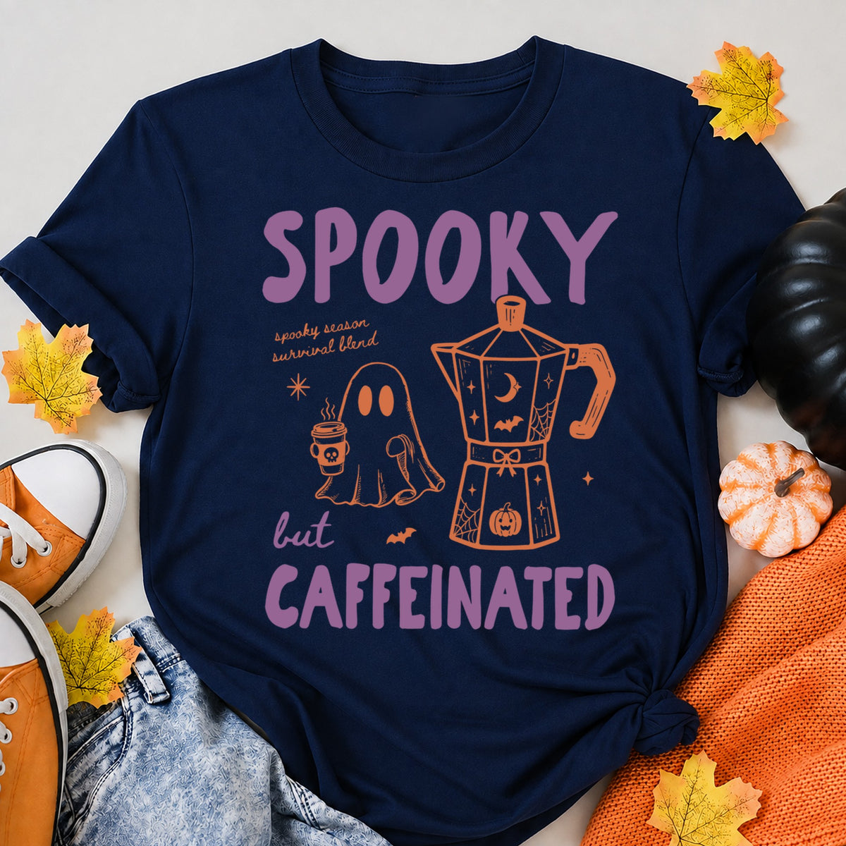 Spooky But Caffeinated Halloween Shirt in Navy – alternate view