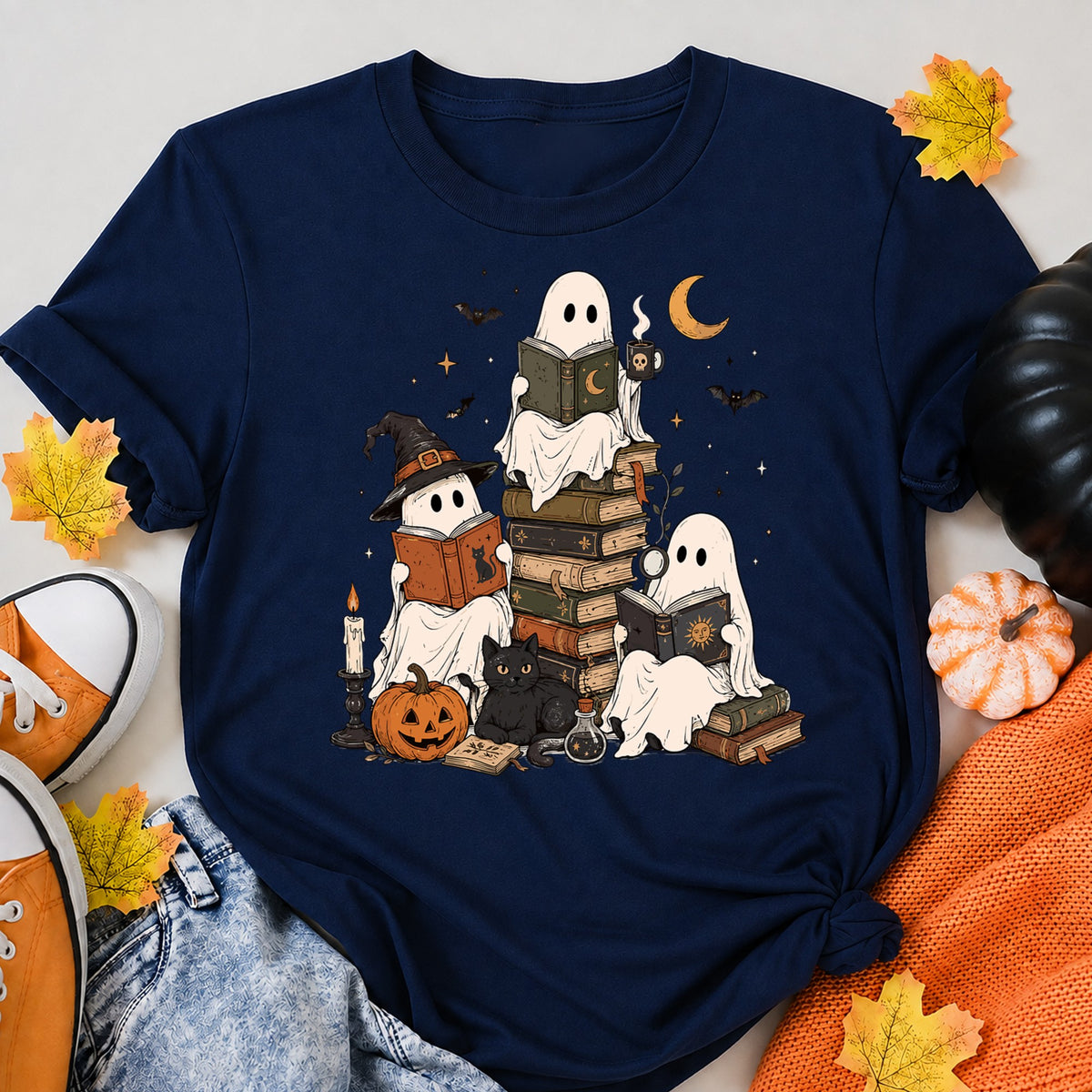 Spooky Ghosts Halloween Reading Club Art Halloween Shirt in Navy – alternate view