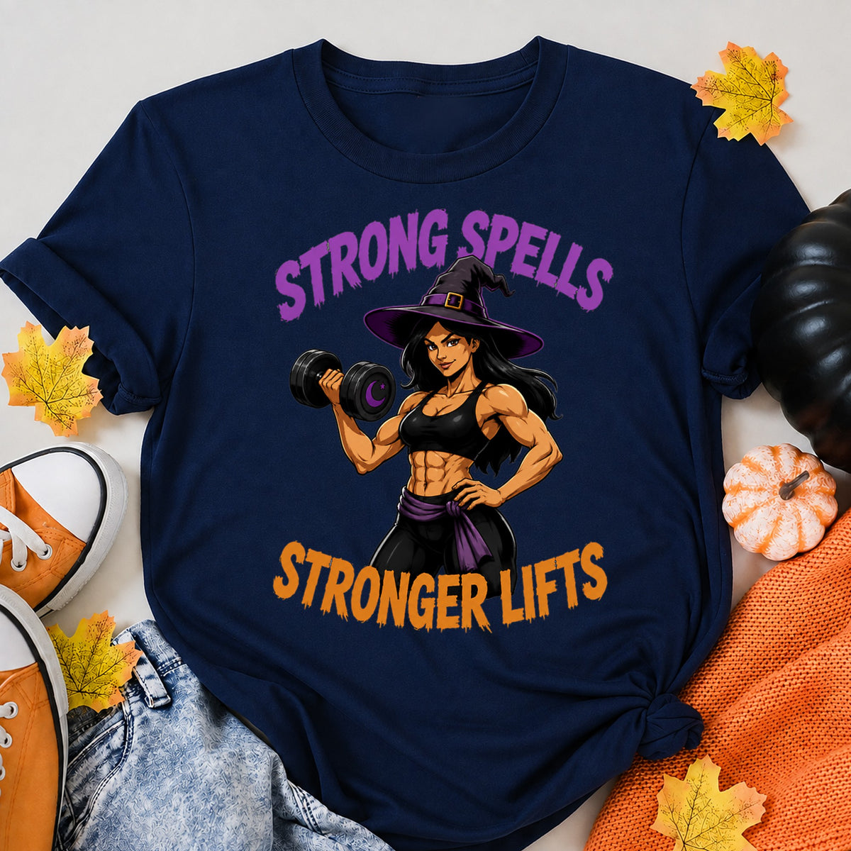 Strong Spells Stronger Lifts Halloween Shirt in Navy – alternate view