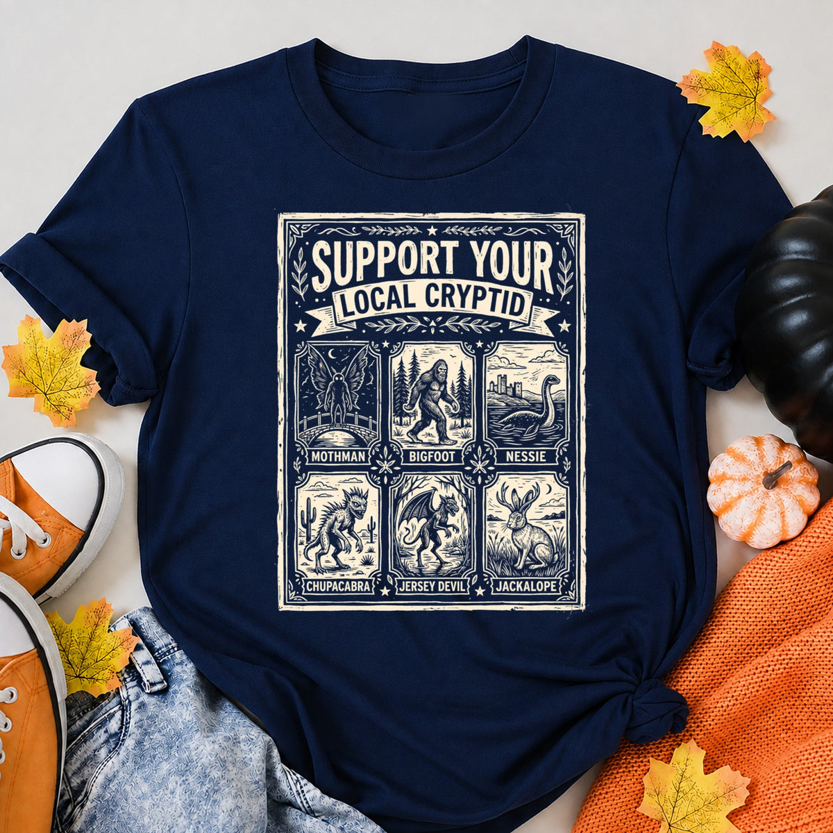 Support Your Local Cryptid Halloween Creatures Halloween Shirt in Navy – alternate view