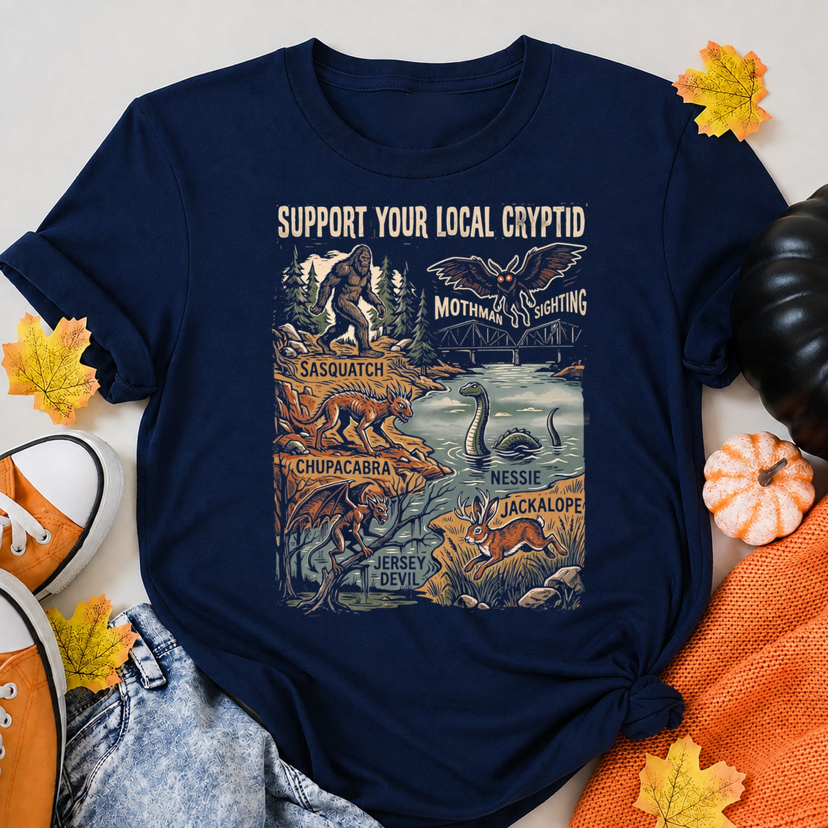 Support Your Local Cryptid Halloween Monster Squad Halloween Shirt in Navy – alternate view