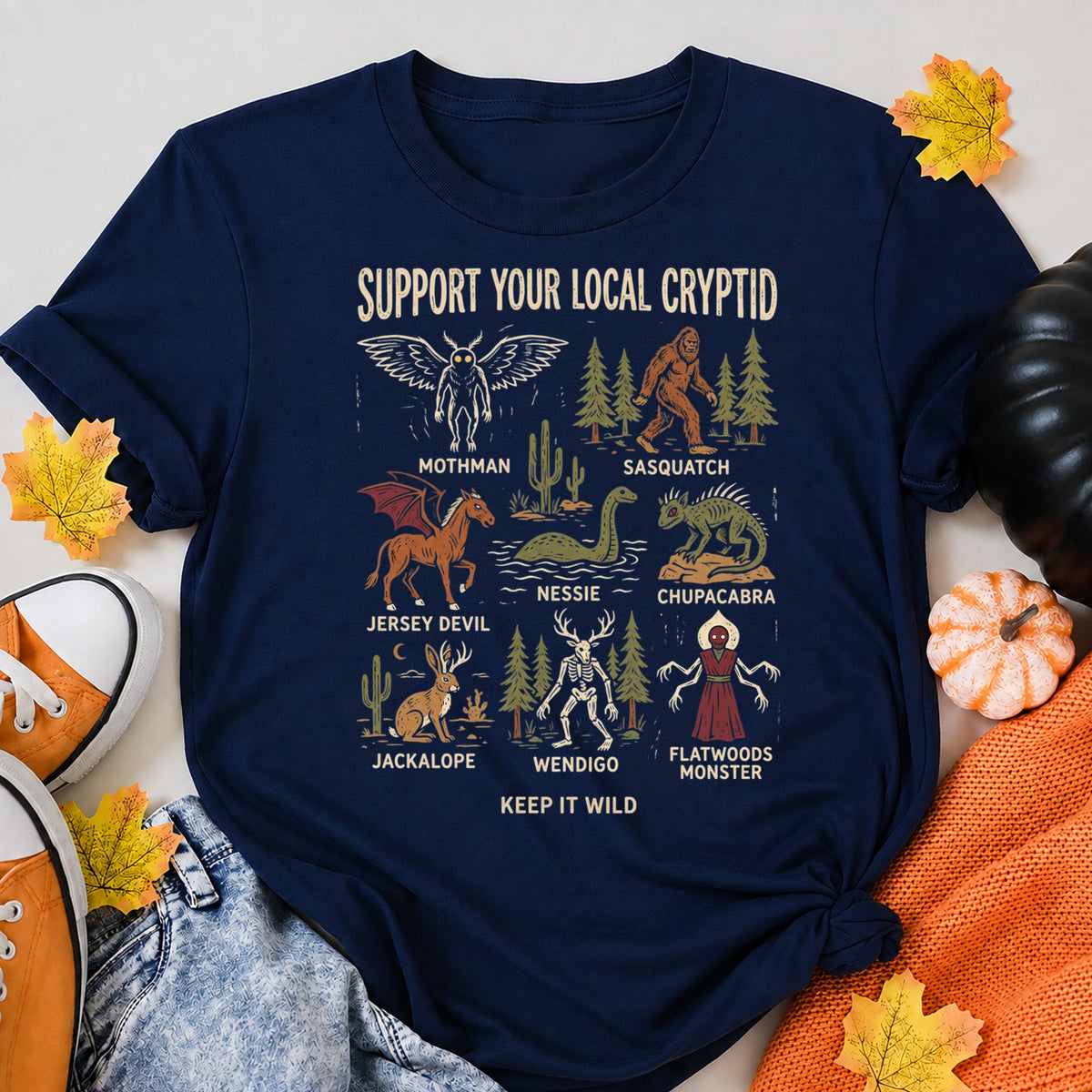 Support Your Local Cryptid Halloween Monsters Halloween Shirt in Navy – alternate view