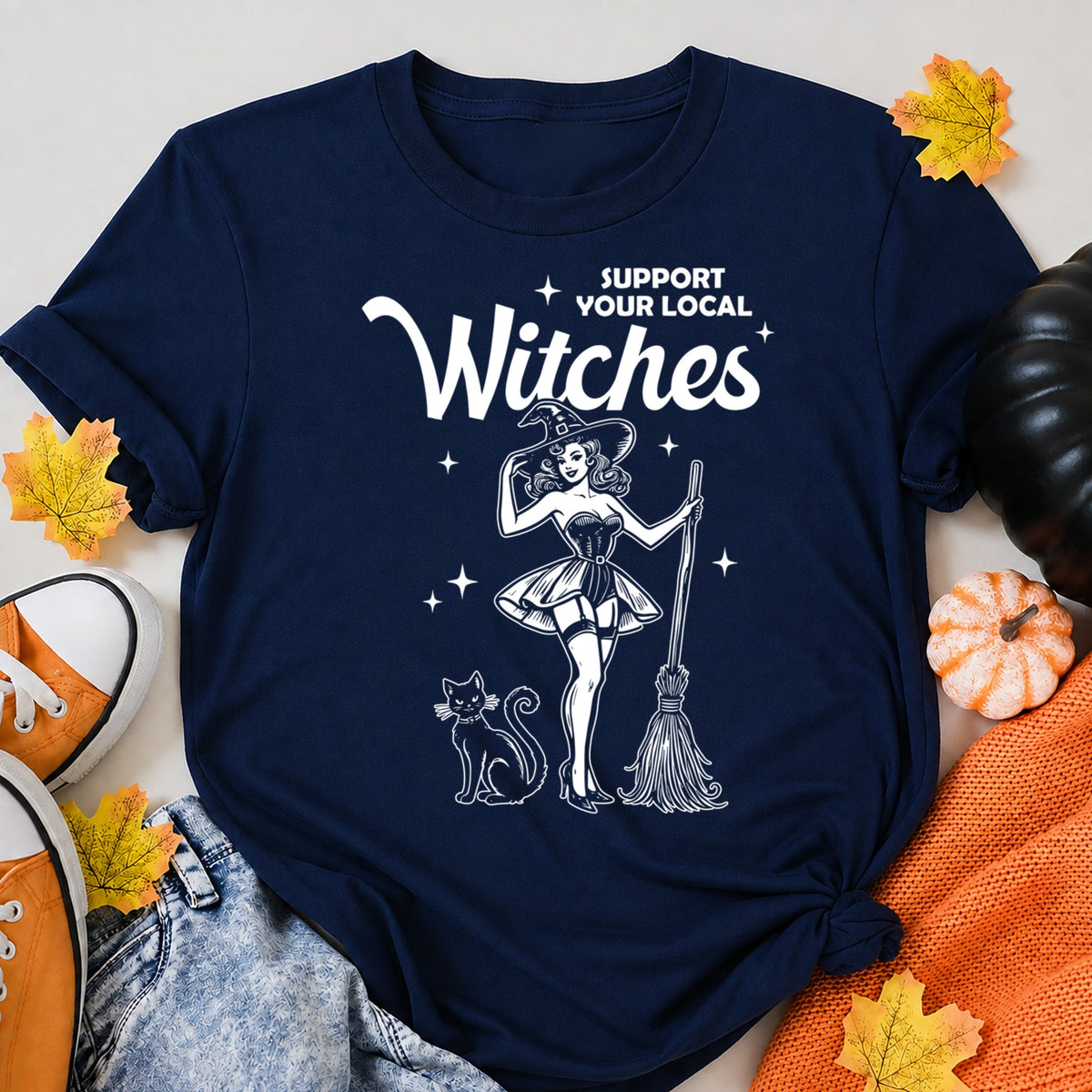 Support Your Local Witches Halloween Shirt in Navy – alternate view