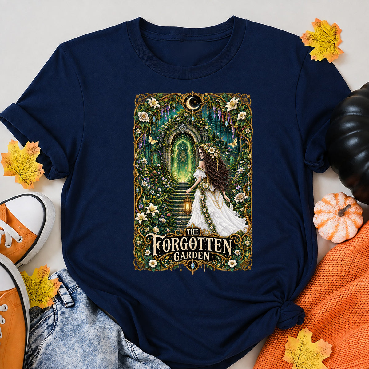 The Forgotten Garden Gothic Skeleton Halloween Shirt in Navy – alternate view