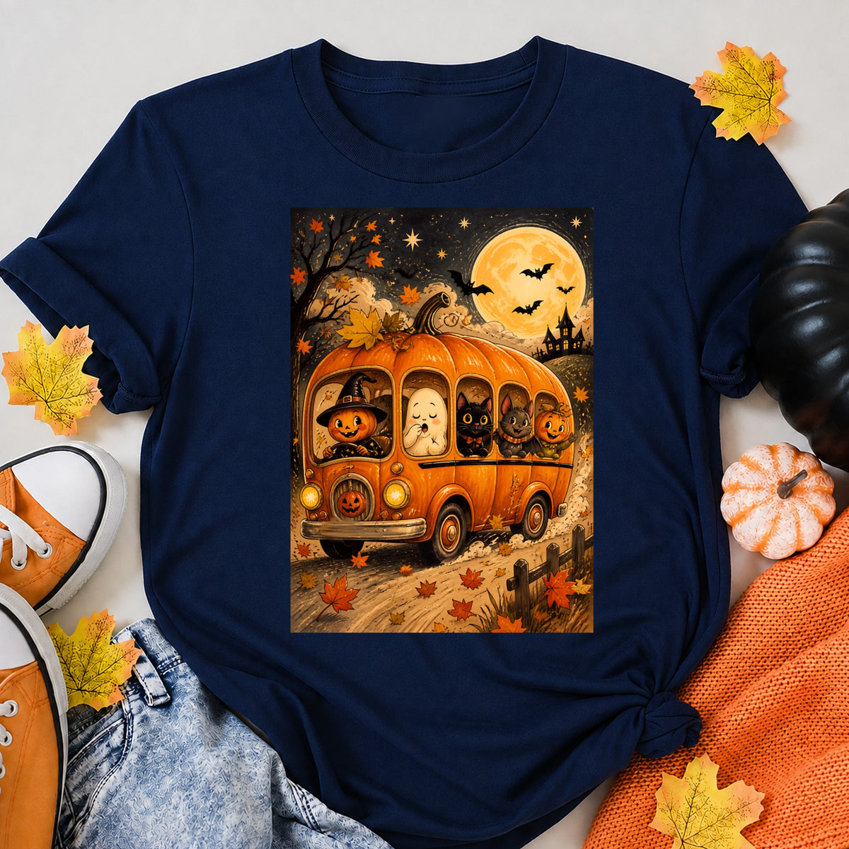 The Halloween Pumpkin Bus Halloween Shirt in Navy – alternate view