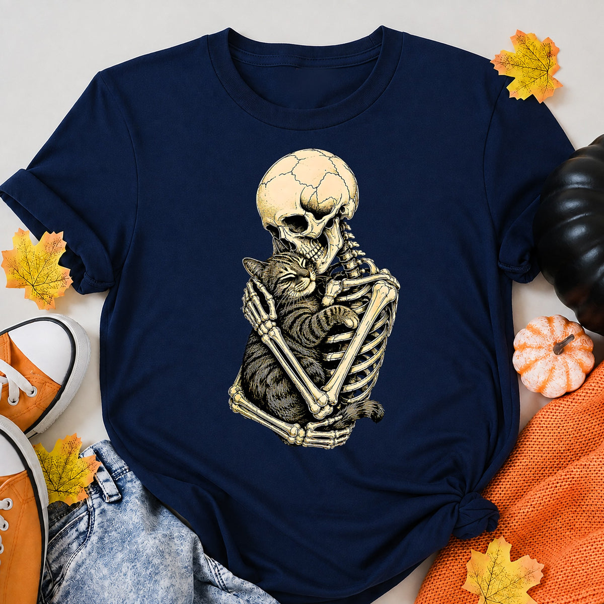 The Lovers Tarot Card Skeleton Hugging Cat Halloween Shirt in Navy – alternate view
