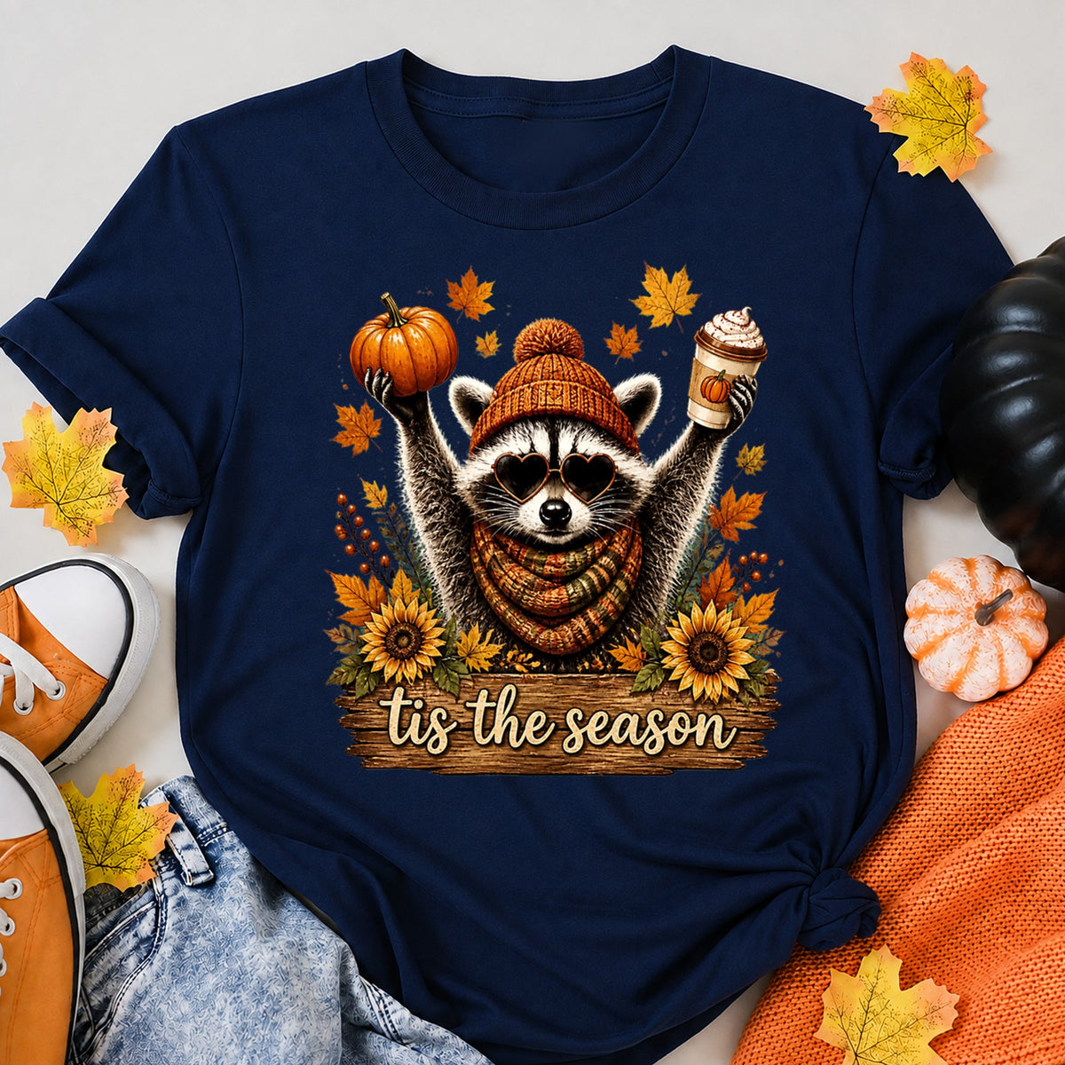 Tis The Season Raccoon Fall Pumpkin Spice Latte Canada Maple Leaf Christmas T-Shirt - product view 8