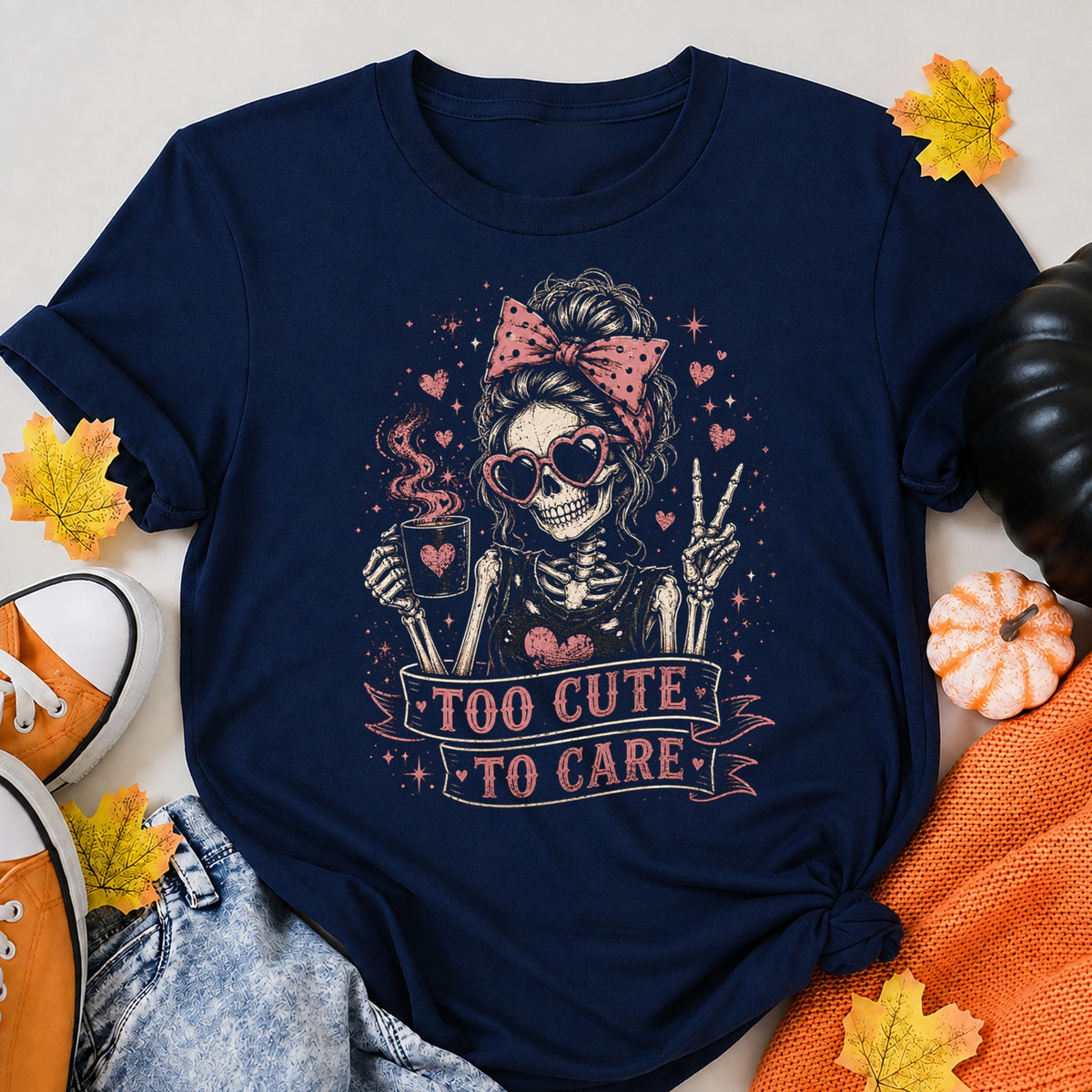 Too Cute To Care Funny Skeleton Messy Bun Graphic Halloween Shirt in Navy – alternate view