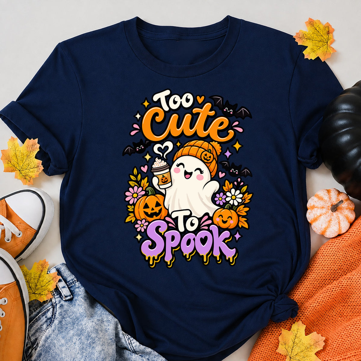 Too Cute To Spook Cute Halloween Ghost Halloween Shirt in Navy – alternate view