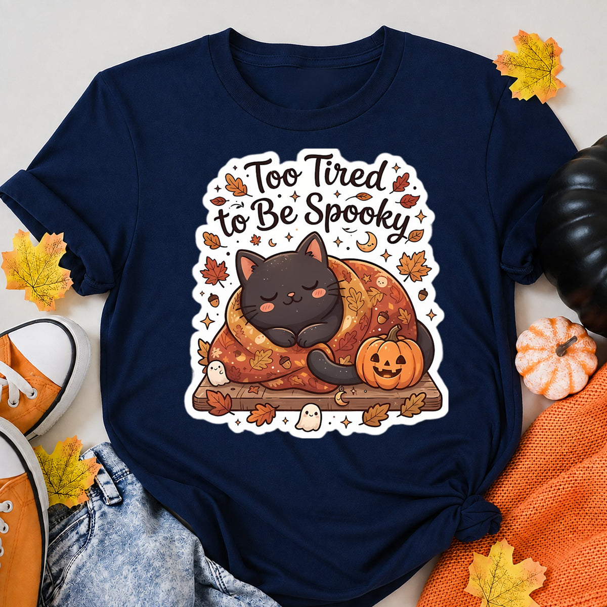 Too Tired To Be Spooky - Cute Sleeping Black Cat Fall Halloween Shirt in Navy – alternate view