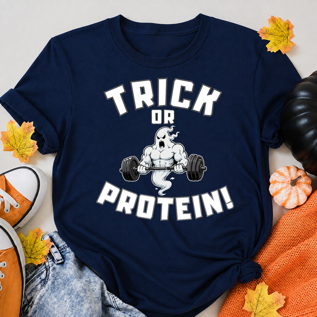 Trick Or Protein Halloween Shirt in Navy – alternate view